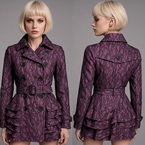BLANC NOIR Lace Overlay Classic Canvas Trench Coat Midi Length Purple Black S